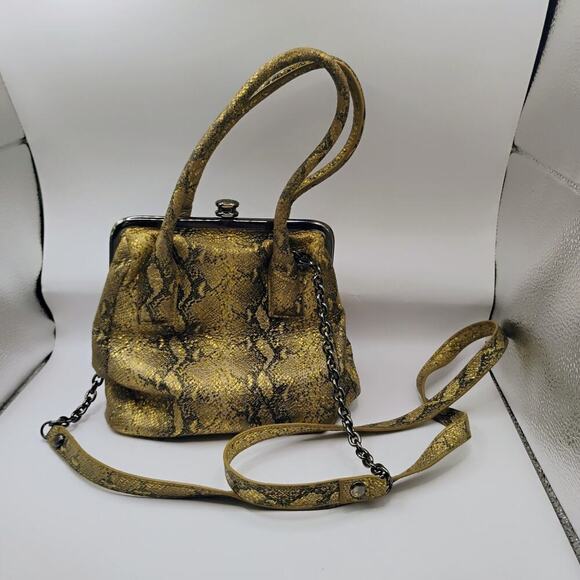 HOBO Glam Snake Leather Brown GINGER Satchel Crossbody Frame Convertible Bag - Picture 1 of 9